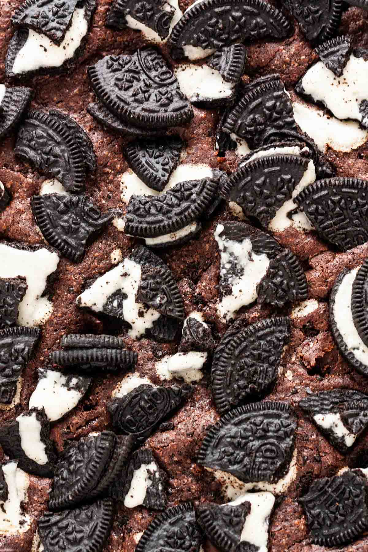 Brownies cuits garnis de morceaux d'Oreo.