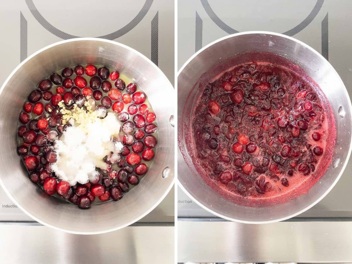 Deux images côte à côte, la première montre les ingrédients dans une casserole avant cuisson, la seconde après cuisson.