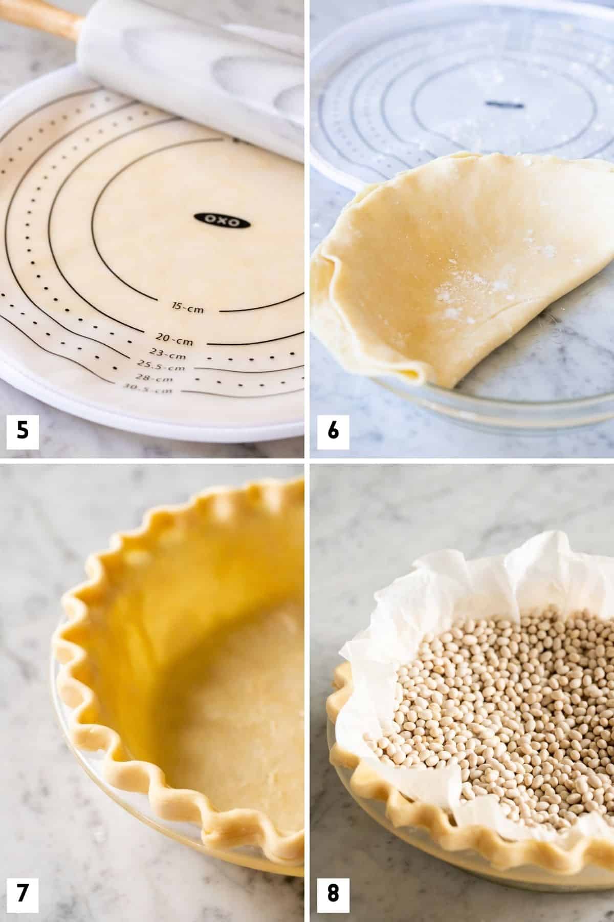 Étapes pour étaler et façonner une pâte à tarte.