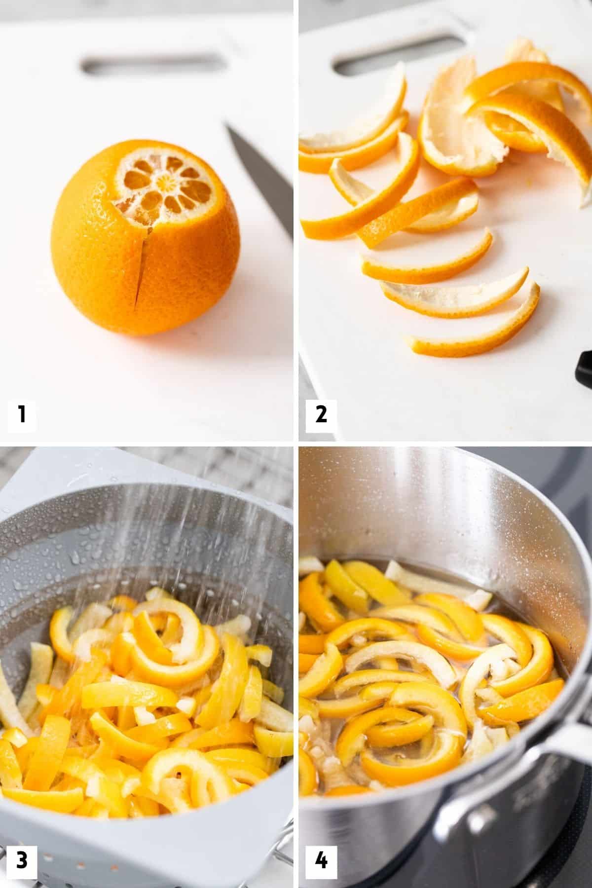 Étapes de préparation et de cuisson des écorces confites.