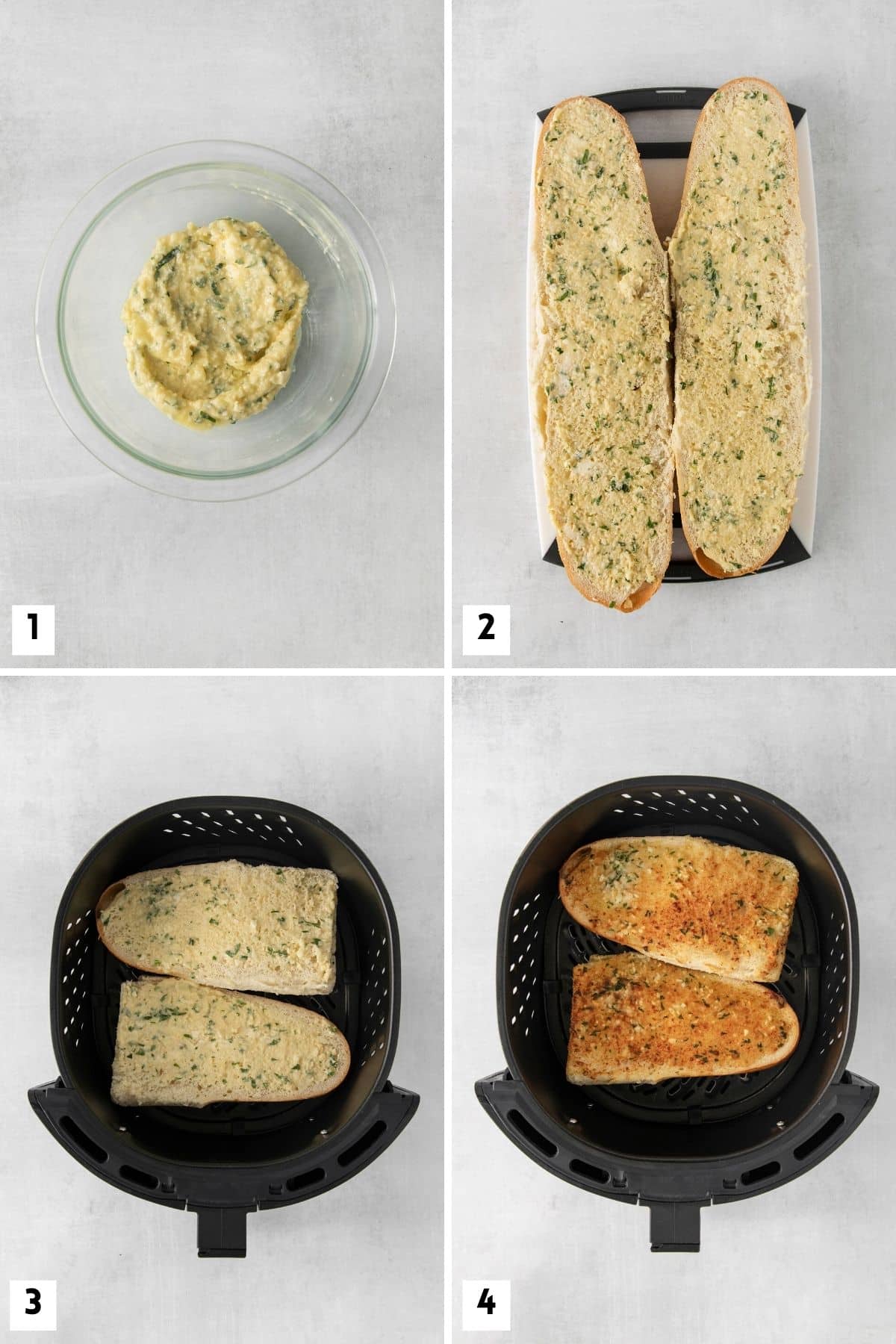 Étapes pour faire du pain à l'ail dans la friteuse à air.