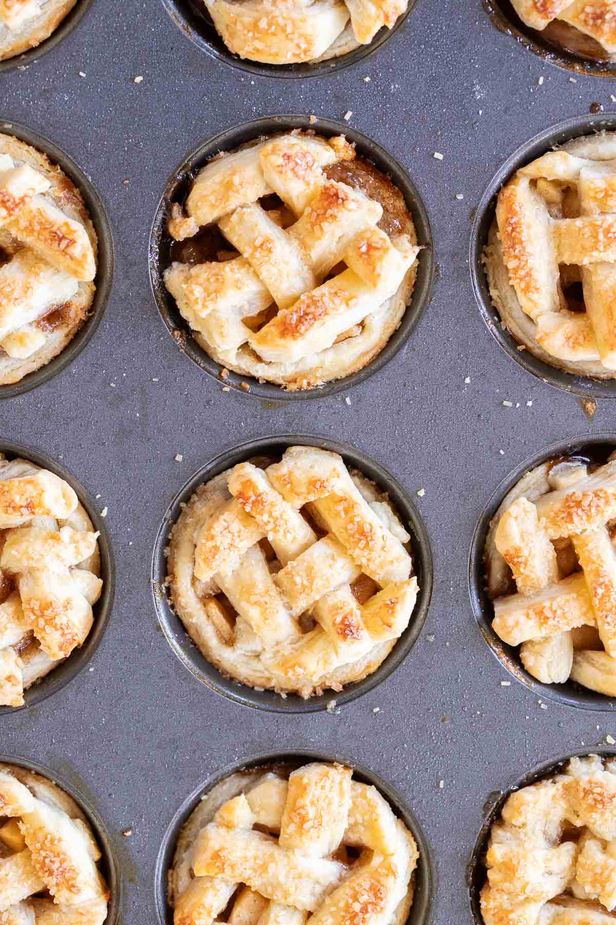 Mini tartes aux pommes dans un moule à muffins.