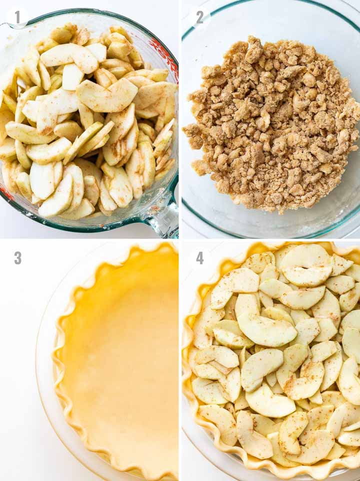 Étapes pour réaliser une tarte crumble aux pommes.