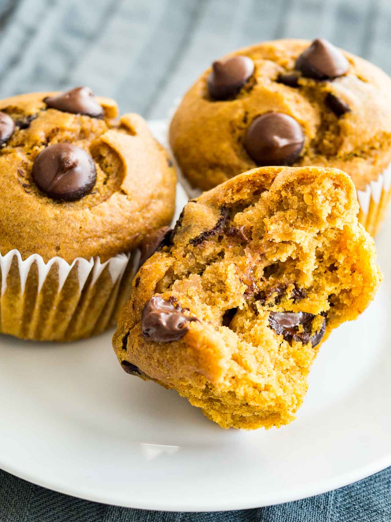 Gros plan sur des muffins au chocolat et à la citrouille sur une assiette blanche. Une grande bouchée a été prise dans l'un d'eux.
