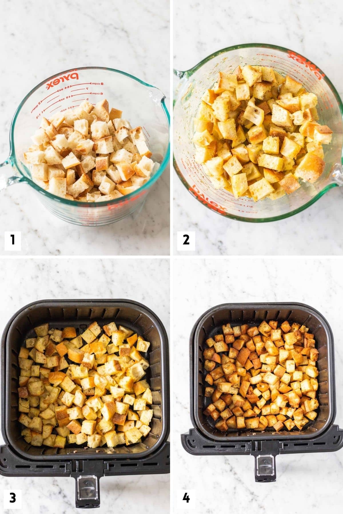 Étapes pour faire des croûtons dans la friteuse à air.
