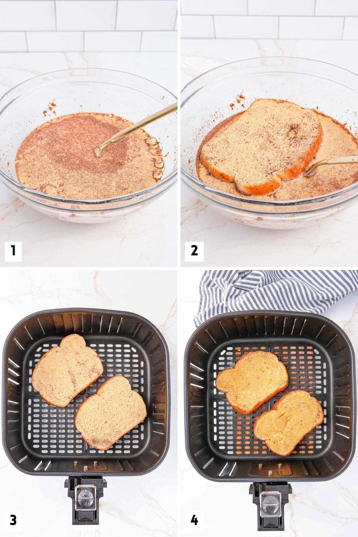 Étapes pour réaliser du pain perdu dans la friteuse à air.