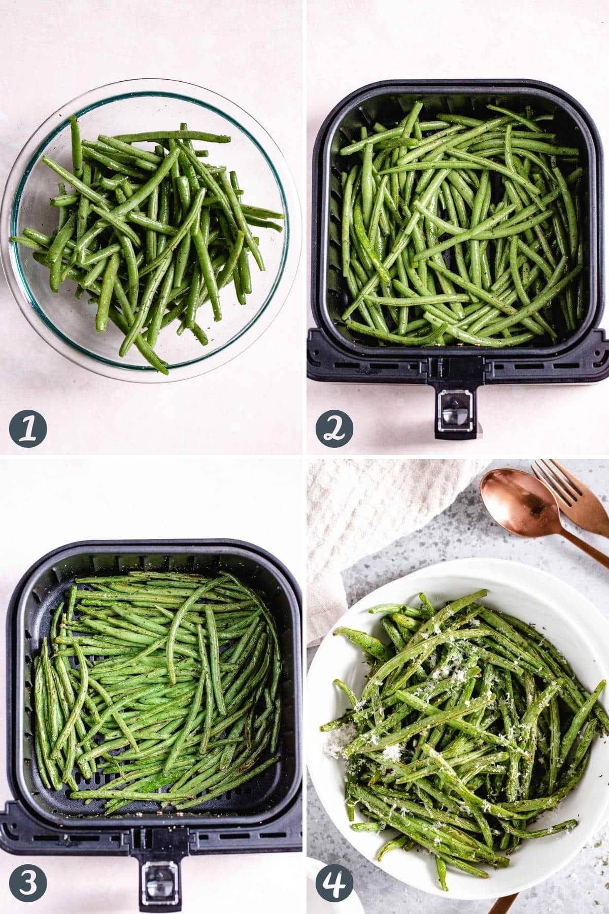 étapes pour préparer des haricots verts, quatre images