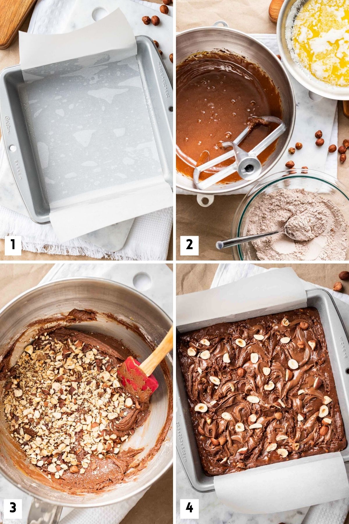 Étapes de préparation des brownies au Nutella faits maison.