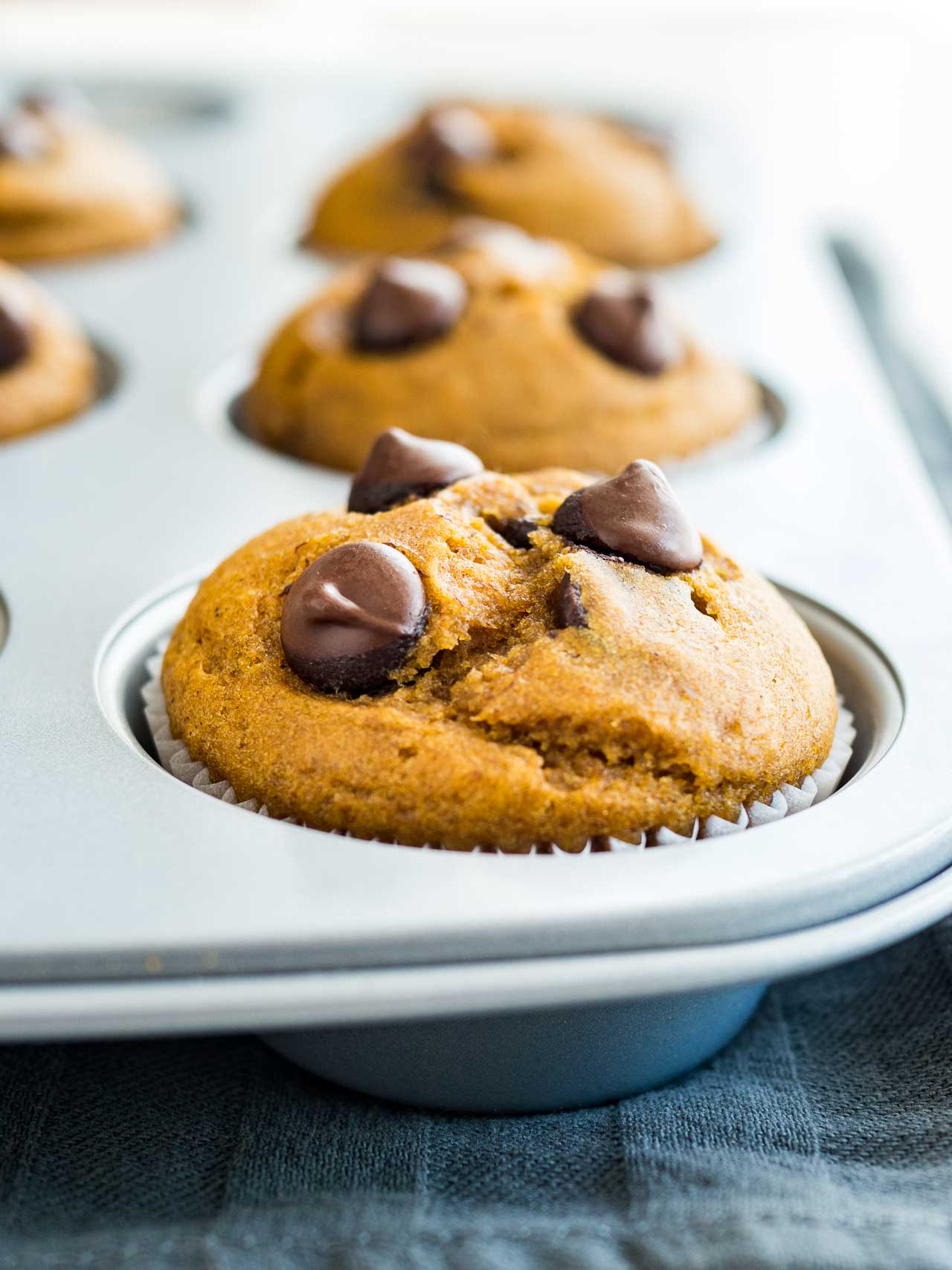 Un moule à muffins gris avec des muffins à la citrouille et aux pépites de chocolat sur un torchon gris.