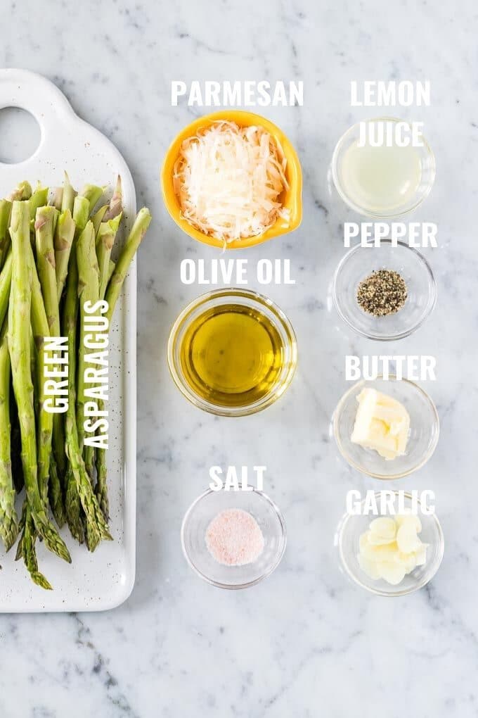 Ingrédients pour les Asperges Rôties : Asperges vertes, Parmigiano, Huile d'Olive, Sel, Jus de Citron, Poivre, Beurre et Ail