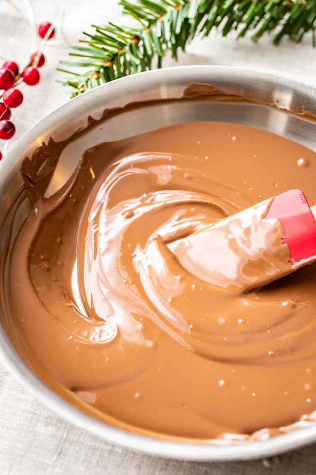 chocolat fondu dans une poêle en acier inoxydable avec une spatule rouge. Il y a des cranberries à côté de la poêle.