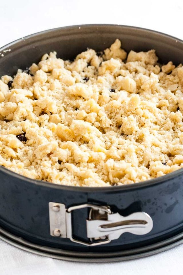 Un gâteau aux myrtilles surmonté de streusel dans un moule à charnière avant d'aller au four.