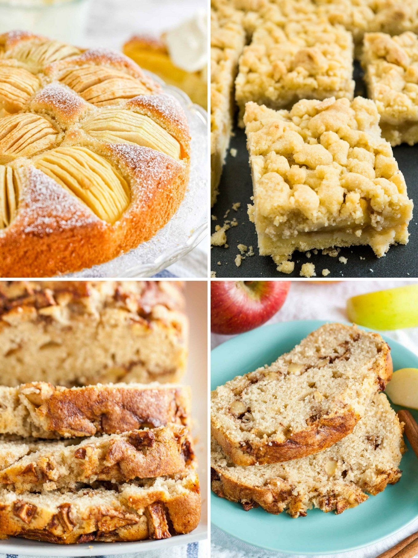 Quatre images, en haut à gauche : gâteau aux pommes allemand, en haut à droite : gâteau aux pommes en plaque avec topping streusel, en bas à gauche : pain aux pommes et à la cannelle, en bas à droite : tranches de pain aux pommes et à la cannelle sur une assiette bleue.